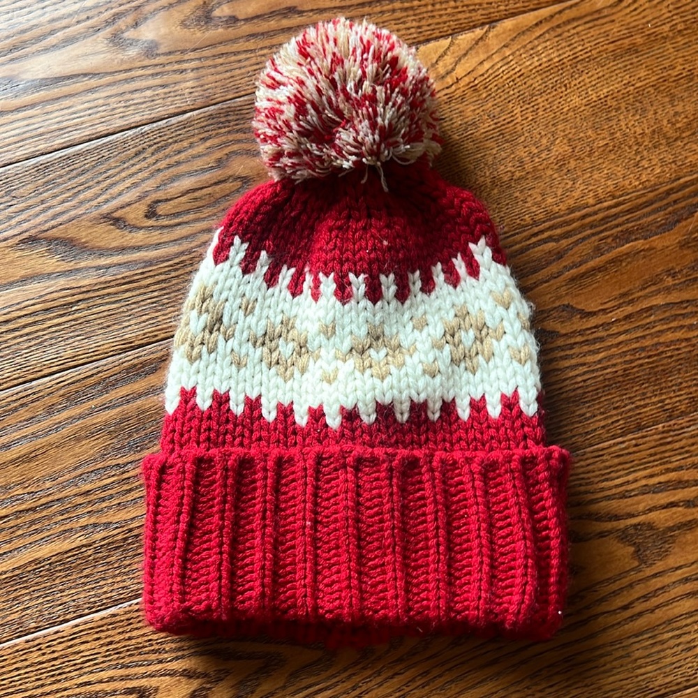 Gap Red White Cream Pom Pom Knit Beanie